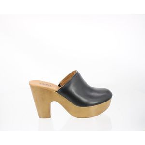 Farylrobin Black Leather Mules with Tan Wooden Heel